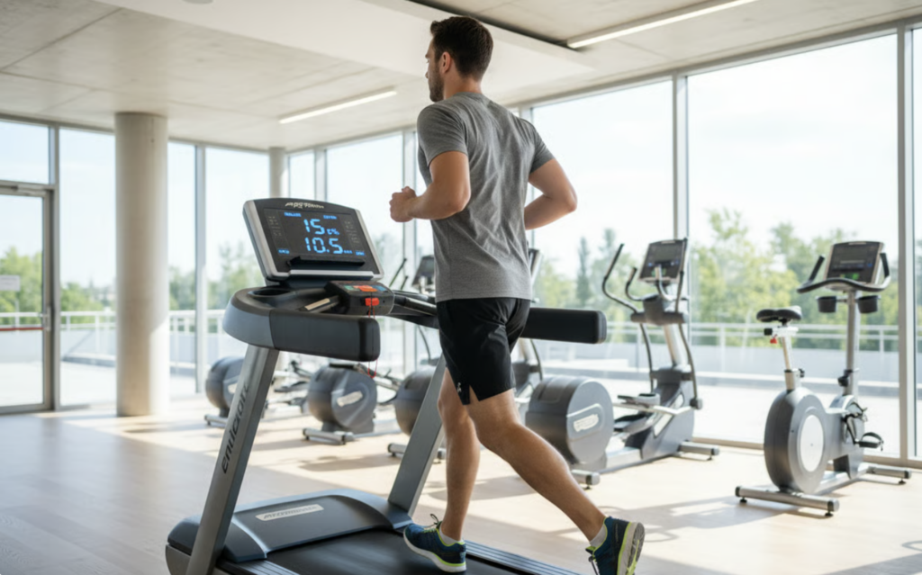 Allenamento in salita su tapis roulant con inclinazione regolabile in palestra.