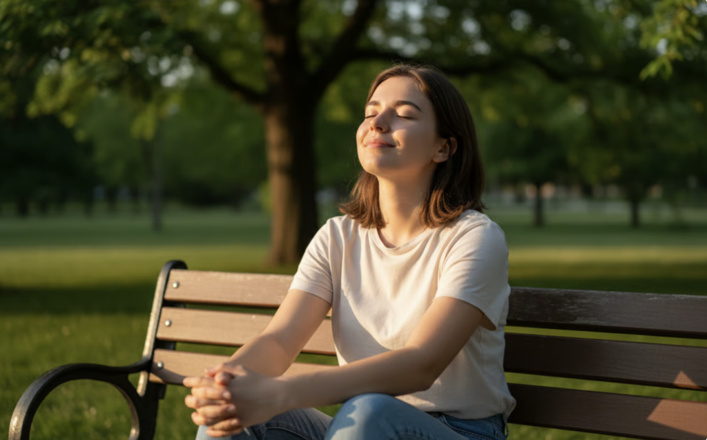 Persona seduta all'aperto in una giornata di sole, con braccia e viso esposti alla luce.
