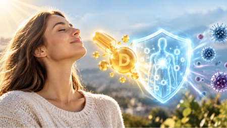 Donna alla luce del sole con rappresentazione della vitamina D e del suo ruolo nel supporto del sistema immunitario.