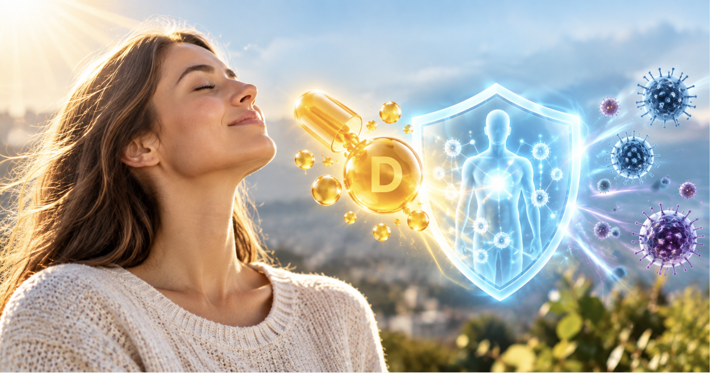 Donna alla luce del sole con rappresentazione della vitamina D e del suo ruolo nel supporto del sistema immunitario.