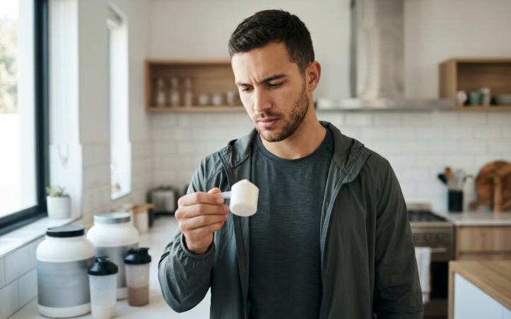 Persona atletica che riflette sull'uso delle proteine in polvere in cucina moderna