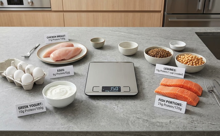 Bilancia da cucina con diverse porzioni di alimenti proteici per mostrare il fabbisogno giornaliero