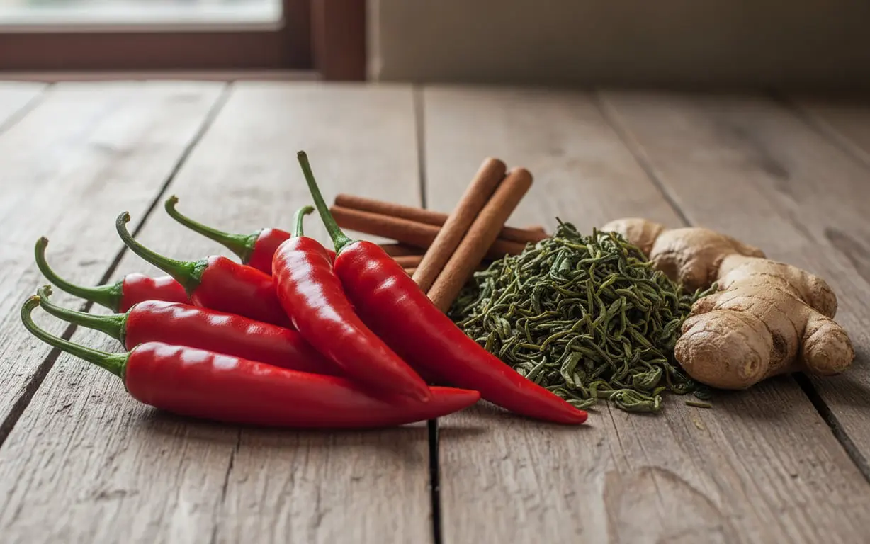 Peperoncino, tè verde e zenzero disposti su un tavolo come ingredienti termogenici naturali