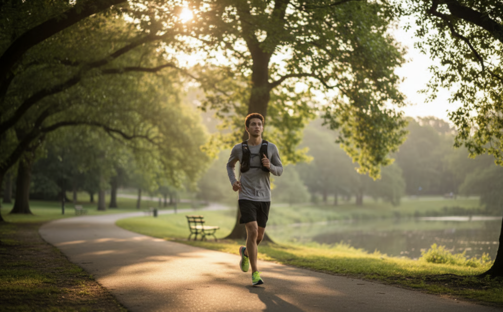 Persona che fa jogging in un parco al sorgere del sole.