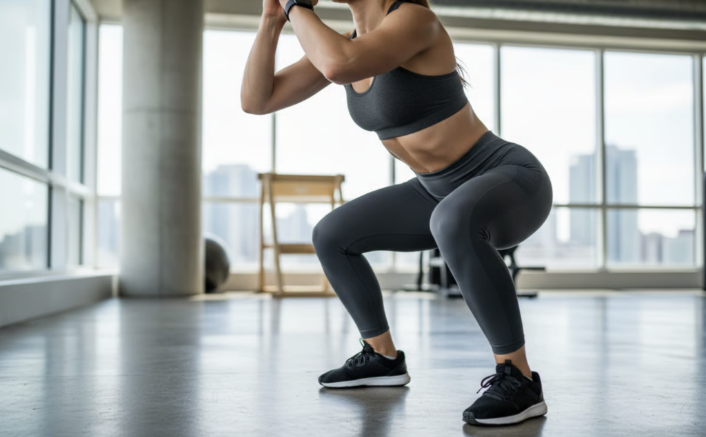 donna che esegue uno squat corretto in palestra per allenare i glutei.