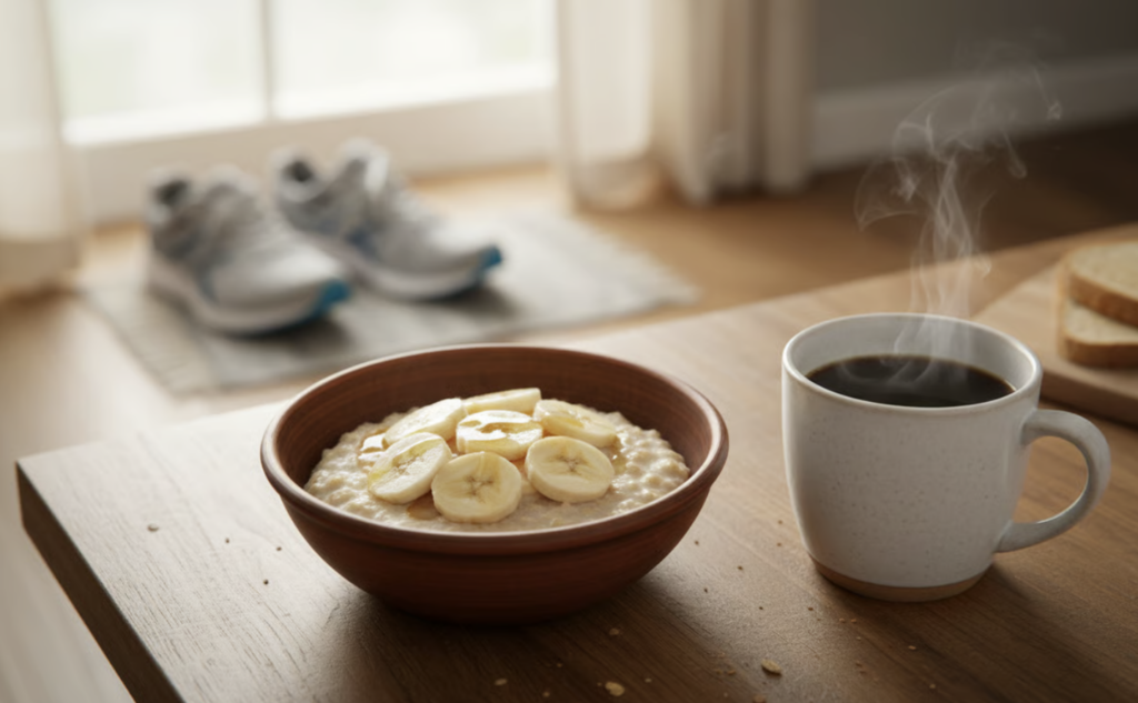 Ciotola di avena con banana e miele accompagnata da un caffè per la colazione del runner.