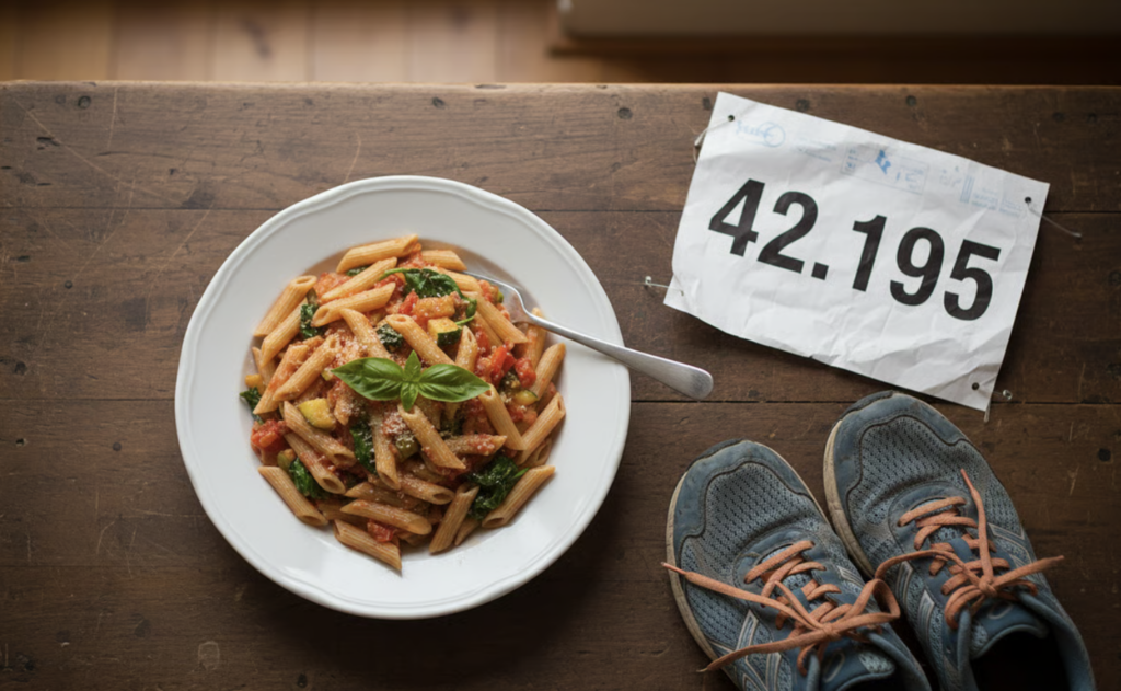 Piatto di pasta semplice con verdure, accompagnato da un pettorale da gara sul tavolo.